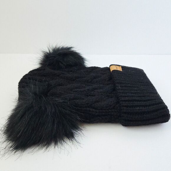 Women's Black Cable Knit Double Pom Pom Beanie Winter Hat Fleece Lined Cat Ears - Picture 6 of 7